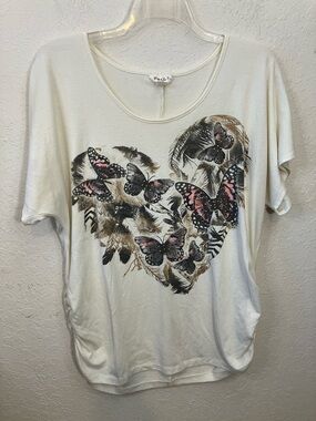 Belle Du Jour Cream Short Sleeve Top with Pink & Black Butterfly Heart